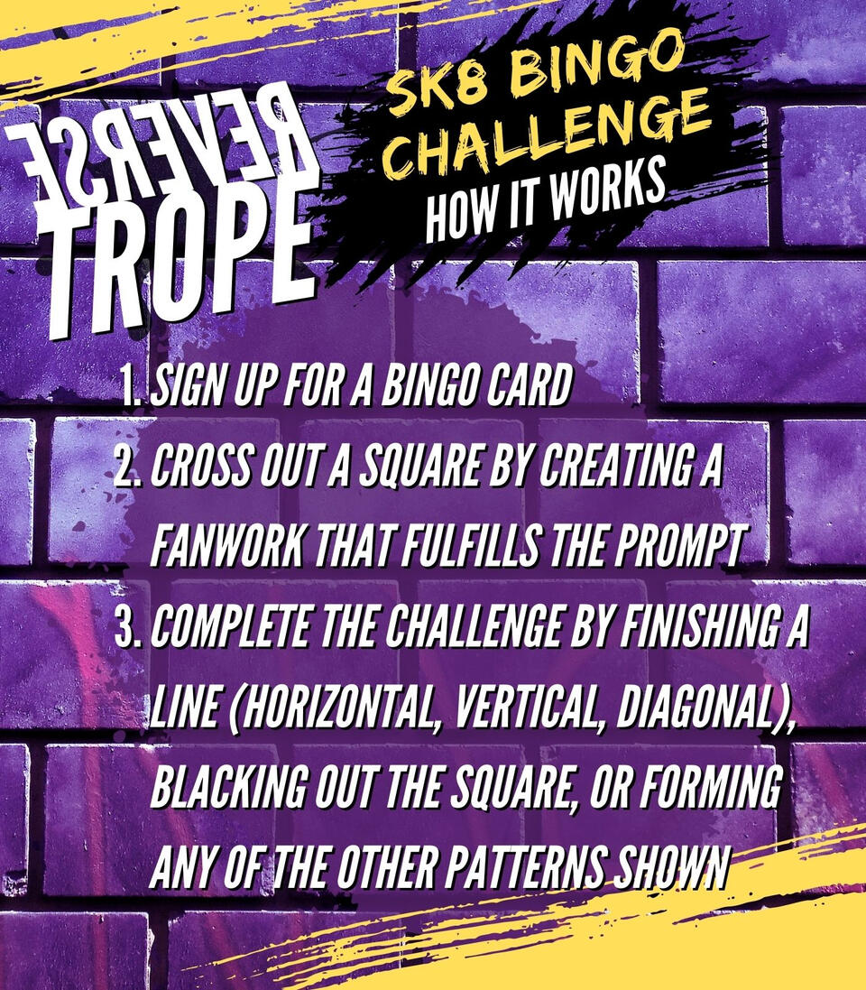 A graphic with a purple background and yellow accents with white text that reads Reverse Trope Sk8 Bingo Challenge: How It Works