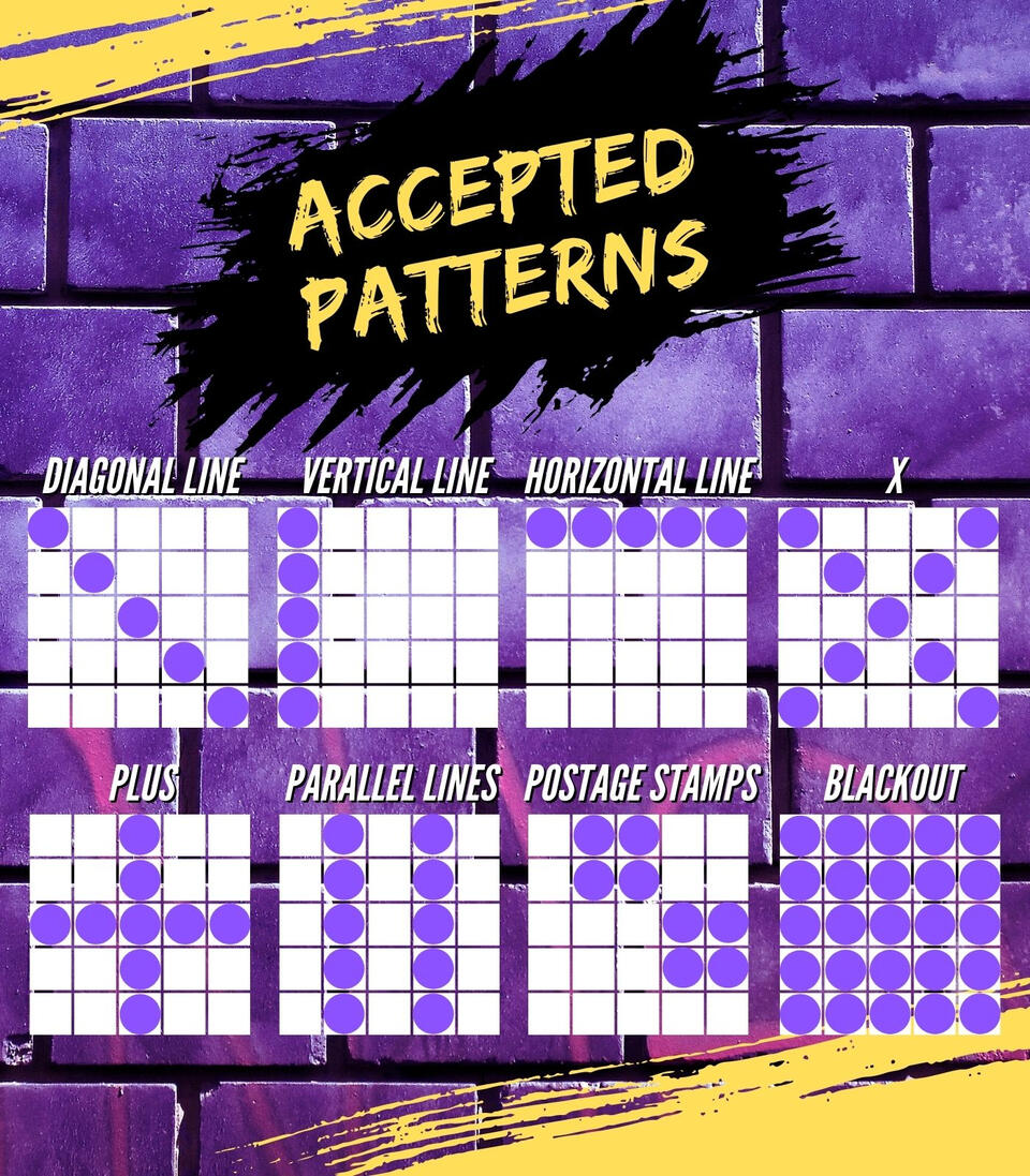 A graphic showing the accepted bingo patterns
